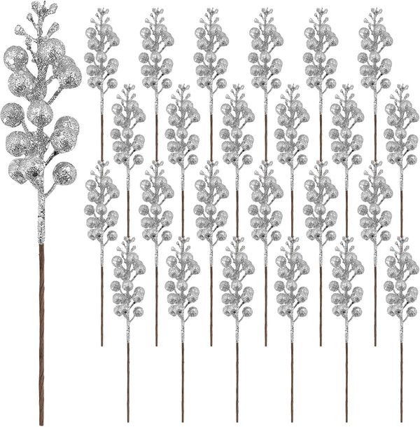 24 Pack 9 Inches Glitter Artificial Berry Stems, 15 Berries per Stem,