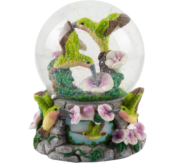 Elanze Designs Green Family Hummingbirds with Purple Flowers Bird Tabletop Figurine, 100MM Glitter Water Globe