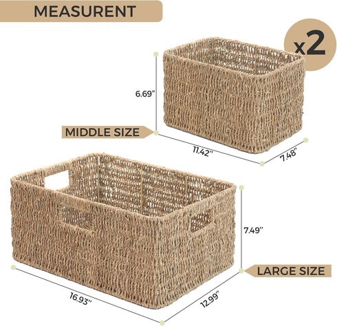 JS HOME Set of 3 Seagrass Wicker Baskets, Large and Small Organizing Baskets with Built-in Handles, Shelf Organizer