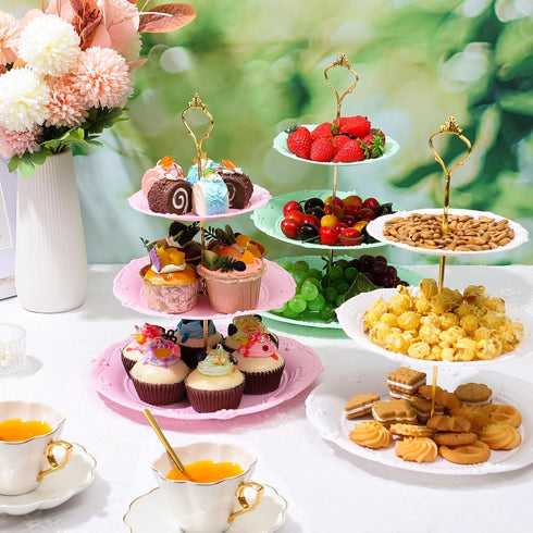 6 Sets 3 Tea Party Decorations of Tier Plastic Cupcake Stand Dessert Plates Cake Fruit Candy Display Tower for Wedding
