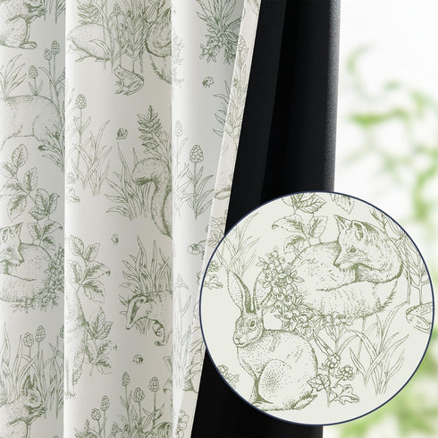 jinchan 63 Inches 2 Blackout Nursery Curtains Long, Bunny Woodland Toile Easter Decor Curtain Sage Green Animal Printed