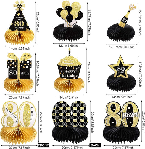 Outus 8 Pcs 80th Birthday Table Decorations, Black Gold Honeycomb Centerpieces for 80 Years Anniversary