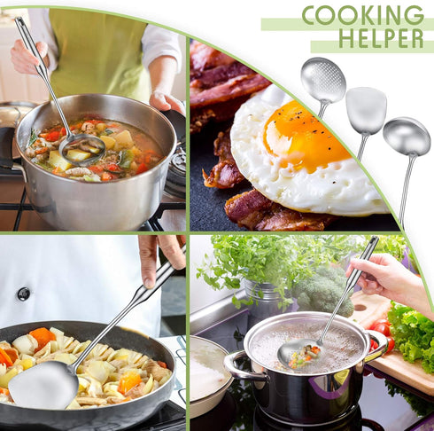Patelai 3 Pcs Wok Utensils Set: 15in Spatula, Ladle, 304 Stainless Steel, All Metal for Cooking