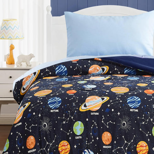 Set 4 Set Toddler Bedding - Pieces Toddler Comforter for Kids Boys, Glow in The Dark Space Bed in A Bag with Sheets