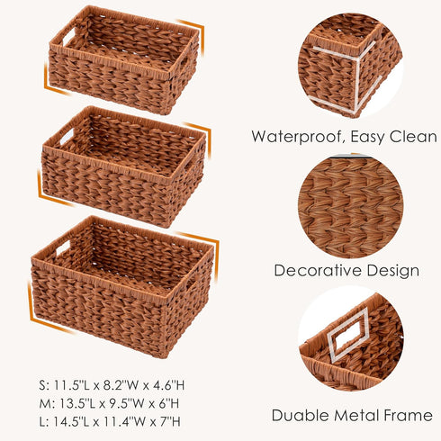 Set of 3 Wicker Storage Baskets with Built-in Handles - Multipurpose Nesting Baskets for Kitchen, Bathroom, Closet