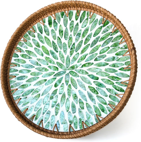 Round Rattan Tray with Mother of Pearl Inlay, Wicker Serving Tray Mother