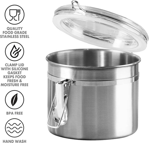 OGGI Stainless Steel Kitchen Canister, 26 fl oz, Airtight Clamp Lid, Clear See-Thru Top, Ideal for Kitchen Storage