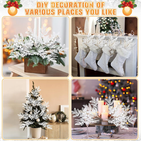 80 Cindeer Pcs White Christmas Glitter Berries Stems Pine Needles Christmas Artificial Picks Fake Floral Twig Spray