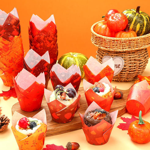 400 Pcs Fall Cupcake Liners, Thanksgiving Tulip Wrappers for Baking Autumn Muffin Holders, Paper Baking Cups for