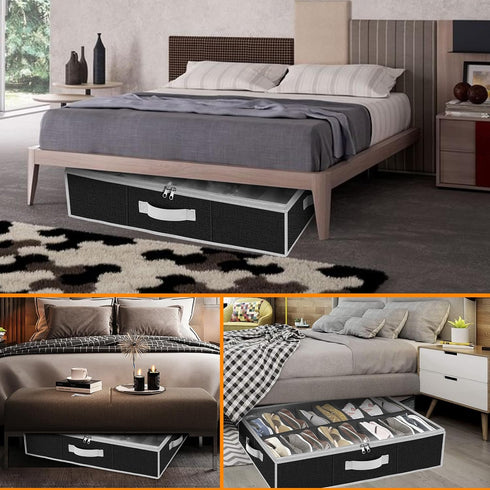 Under the Bed Shoe Storage Organizer - Extra Large Underbed Container, 2 Pack Fits 32 Pairs, Black