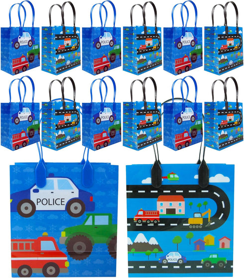 Tiny Mills Cars Fire Trucks Transportation Party Favor Bags, Pack of 12 Treat Bags with Handles for Toddler Birthday
