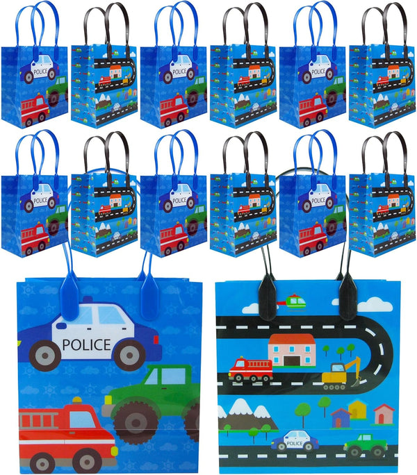 Tiny Mills Cars Fire Trucks Transportation Party Favor Bags, Pack of 12 Treat Bags with Handles for Toddler Birthday