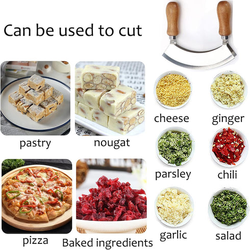 4.9 Inch Mezzaluna Knife, Sharp Double Blade Chopping Knife, Pizza Cutter, Stainless Steel Mincing Knife