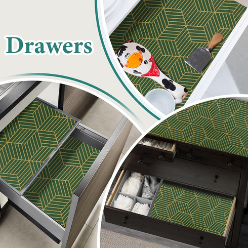 Shelf Liners for Kitchen Cabinets 17.5in x 20FT, Non-Adhesive Strong Non-Slip Thickened Gold Green Geometric Drawer