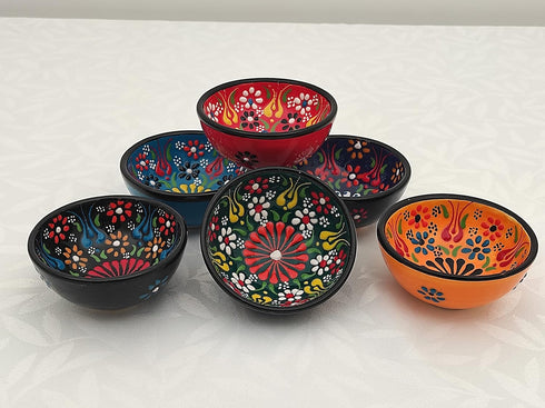 Decorative Turkish Ceramic Bowl Set of 6, Handcrafted Pinch Sauce Dipping Bowls, Multicolor
