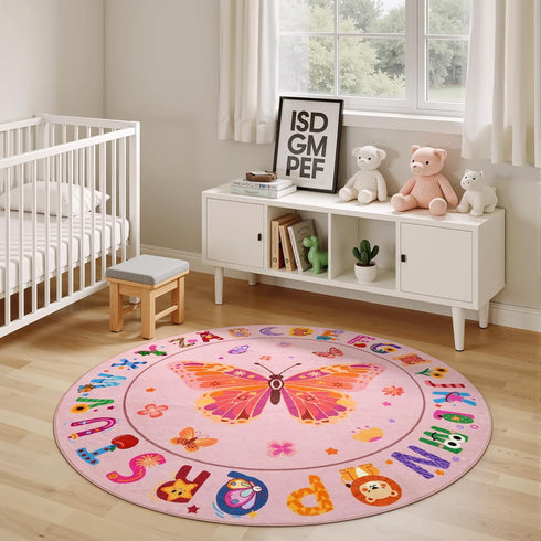 4ft ABC Kids Alphabet Round Rug Washable Soft Circle Nursery Rug, Non-Slip Educational Carpet with Pink Butterfly