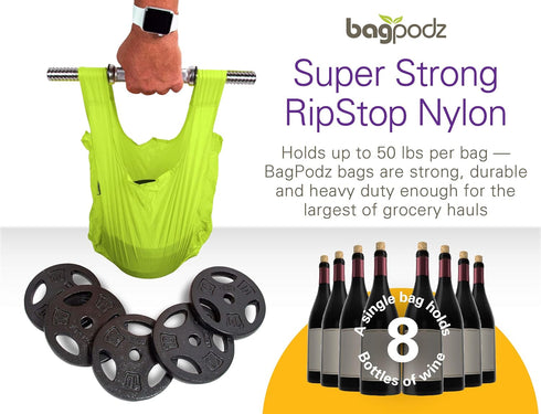 BagPodz 50lbs 10 Pack Sturdy Reusable Grocery Bags Foldable and Washable - Made From RipStop Nylon Hold - Designed