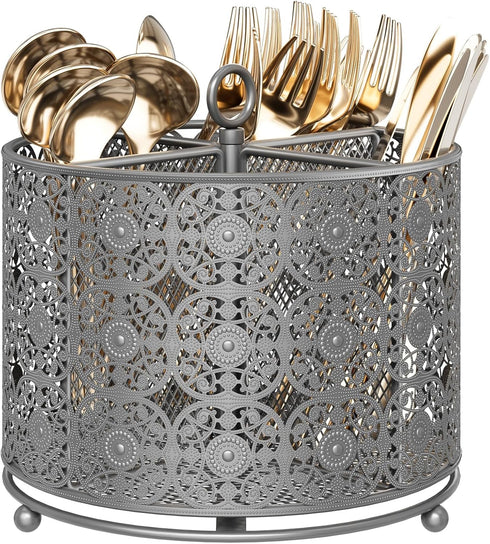 Rotating Utensil Caddy Countertop, Higher Raised Cutlery Holder, Metal Organizer with 4 Compartments for Kitchen Counter