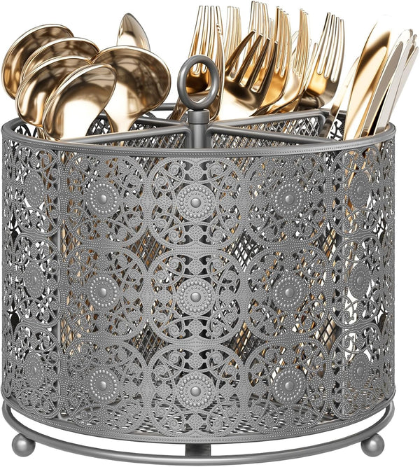 Rotating Utensil Caddy Countertop, Higher Raised Cutlery Holder, Metal Organizer with 4 Compartments for Kitchen Counter