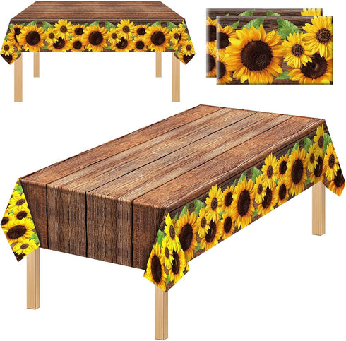 Tegeme 2 Pcs Sunflower Wood Grain Plastic Rustic Tablecloth Vintage Rectangle Table Covers