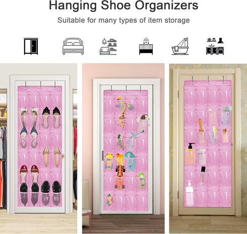 Over The Door Shoe Organizer: Space Saving Rack with 24 Pockets, Hook, and Hanging Shoe Holder (Pink)