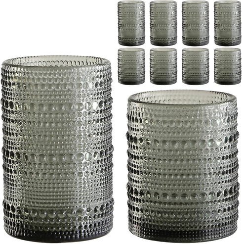 ZMOWIPDL Vintage Hobnail Drinking Glasses Set of 8,Grey 12 oz & 15oz Highball