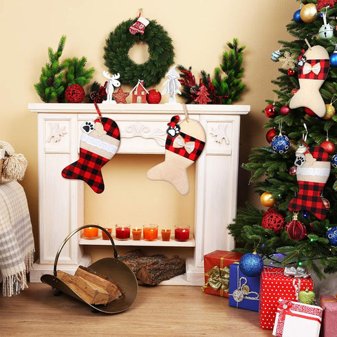 Skylety 2 Pieces Pet Christmas Stockings, Buffalo Plaid Burlap, 15 Inch Large Fish Shaped Bow for Xmas Tree