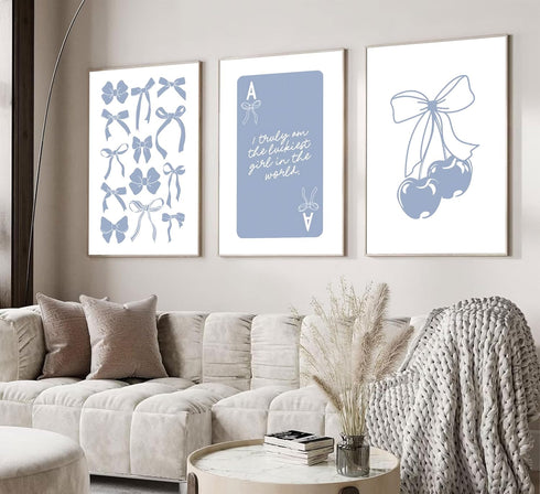 Preppy Blue Bows Canvas Wall Art | Trendy College Apartment Prints, Lucky Girl Syndrome Posters, Aesthetic Girly Wall