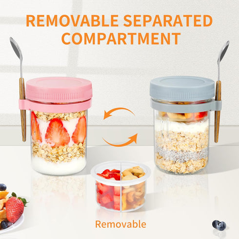 6 Pack 16 oz Xyptorix Overnight Oats Containers with Lids and Spoons, Mason Jars with Removable Separate Compartments