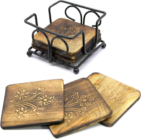 StonKraft Rustic Vintage Look Wooden Tea Coffee Coasters Set with Wrought Iron Holder