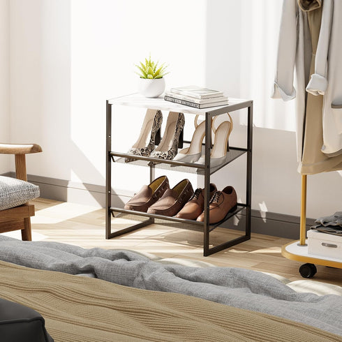 4 Closet 3 Closet Garden you Shoe Rack for Narrow Tiers, Small Shoe Rack with White Wooden Tabletop, Adjustable Metal