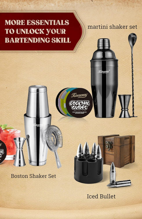 KITESSENSU Cocktail Shaker Set, Stainless Steel Martini Shaker with 24 Ounce Mixer, Jigger, Bar Spoon & Recipe Guide,