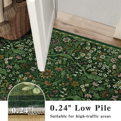 57 Dark Green Washable Floral Area Rug,Vintage Boho Soft Low-Pile Living Room Rugs, Stain Resistant Botanical Non-Slip