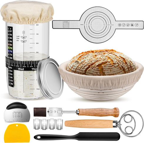 Sourdough Starter Kit, 9'' Round Banneton Proofing Basket, 36oz Sourdough Starter Jar,
