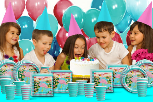 Pink Flamingo Birthday Party Supplies, Tableware Set Includes Plates, Napkins, Cups for 16