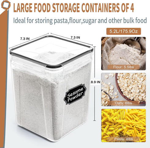 5.2L 195oz, 4pcs 20 PRAKI Large Airtight Food Storage Containers / Pantry Kitchen Organizers and Storage for Flour