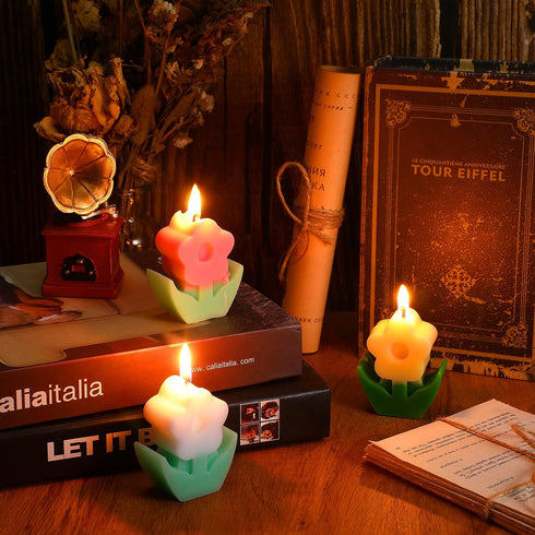 3 Pcs Flower Shaped Scented Candle Set, Pink, White, Yellow, Soy Wax Decor for Table, Cute Gifts for Women