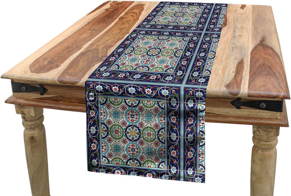 Ambesonne Ethnic Table Runner, Moroccan Ceramic Art Style Flower Bouquets Mosaic Ottoman