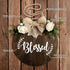 Blessed Farmhouse Welcome Sign, Round Wood Hanging Door Decor with Ribbon Bow and Artificial Greenery for Front Porch