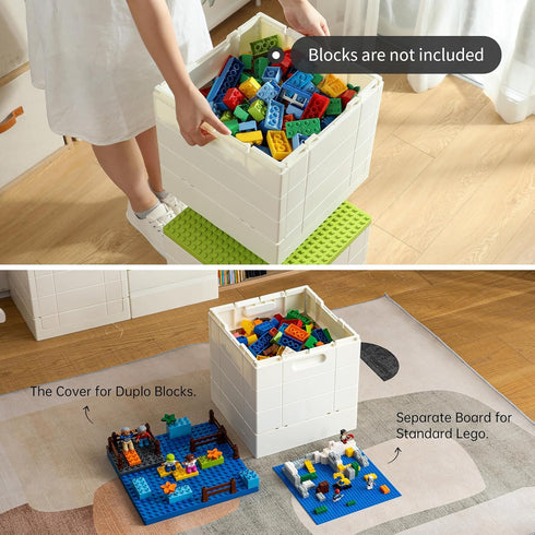 SHIMOYAMA Folding Storage Box for Duplo Blocks, 26 Qt. Foldable Toy Container, Blue with Building Lid