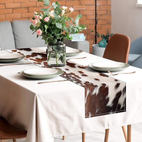LXXTK 13x71 Inch Linen Cow Print Table Runner Farmhouse Western White Brown Cowhide Runners Table Decorations Rustic