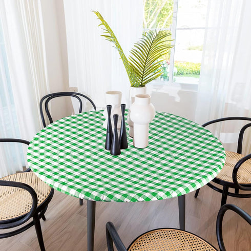 Sorfey Round Tablecloth, Fitted Elastic Vinyl with Flannel Back, 30 Inches Round, Waterproof Checked Green Design