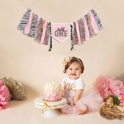 YOUAME Girls Leopard Print High Chair Banner - Wild One High Chair Decors, Pink Jungle Party Cheetah ONE Year Birthday