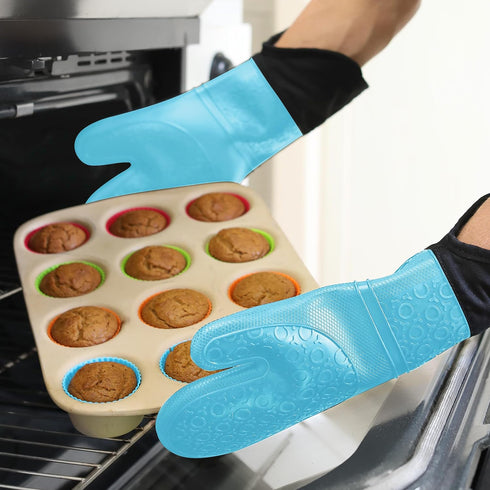 Extra Long Professional Silicone Oven Mitt, Heat Resistant Pot Holders, Flexible Gloves, Aqua, 1 Pair