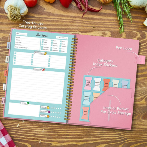 Recipe Book to Write Your Own Recipes, Blank Notebook with Tabs, 120 Pages Organizer, 8.5 x 5.5", Pink