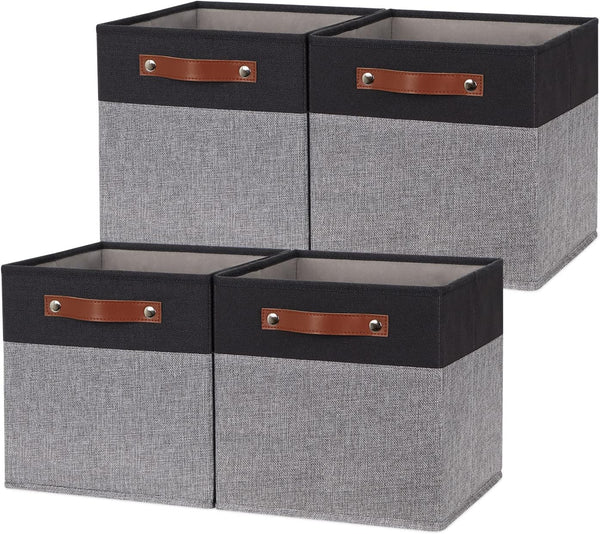 HNZIGE Fabric 11x11 Cube Storage Bins, Set of 4, Foldable Baskets for Shelves with Handles for Home Toy Organizer