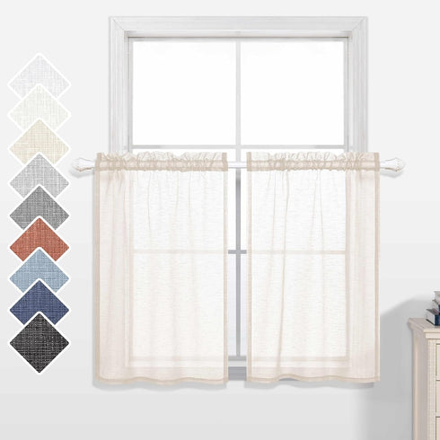Short Curtains 36 inch Length, 2 Panels Rod Pocket Semi Sheer Faux Linen for Small Windows