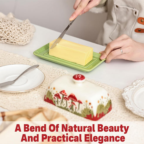 Ceramic Mushroom Butter Dish with Lid for Countertop, Large Covered Butter Tray (White & Red Mushroom)