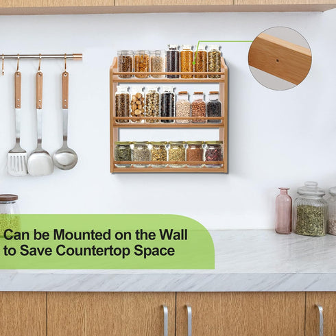 3 Counter Tier Bamboo Spice Rack, Seasoning Jars Rack Shelf Spice Organizer for Kitchen or Wall Mounting
