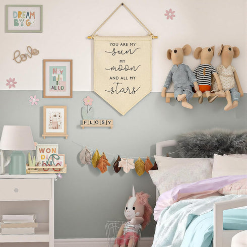 FYSIA Nursery Wall Art-Nursery Bedroom Gift-My Sun My Moon and All of My Stars-Canvas Hanging Pennant Flag Banner Wall